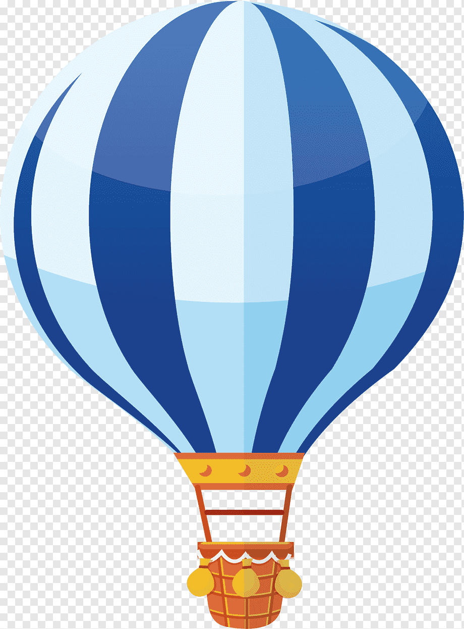 Blue and white striped hot air balloon with orange basket and decorative tassels.