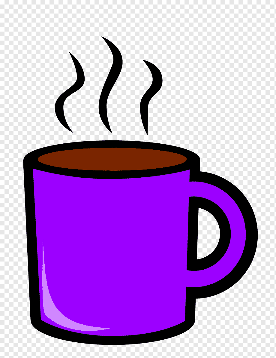 Purple coffee mug with steam rising, filled with brown liquid, on transparent background.