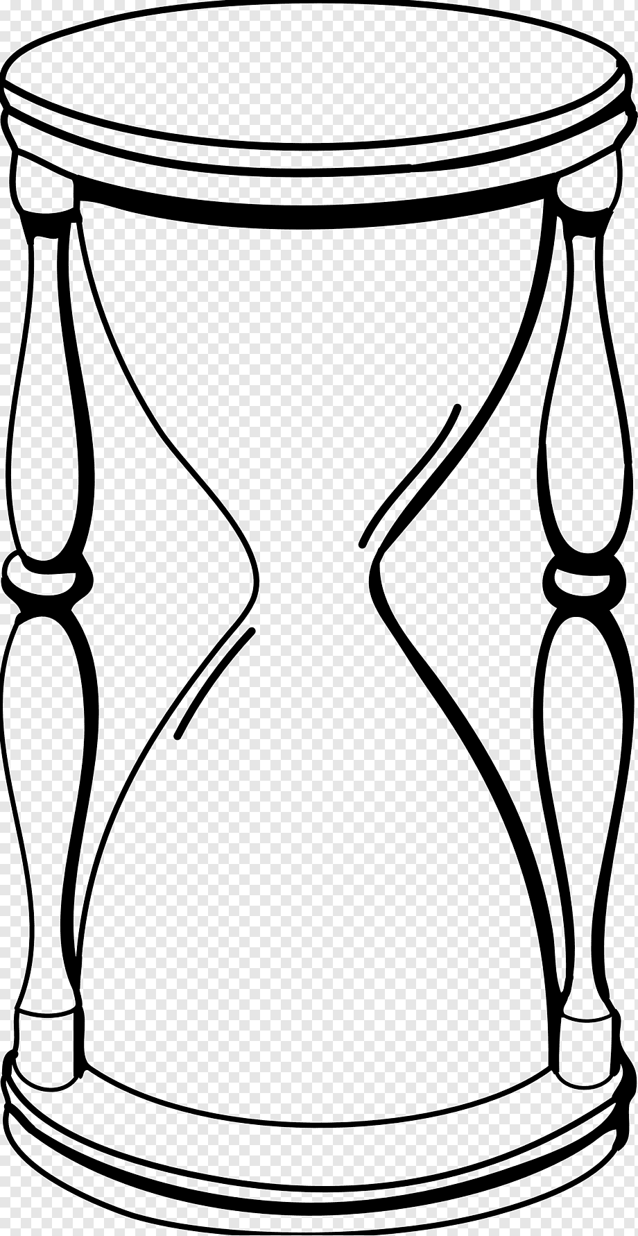 Black-and-white line drawing of a classic hourglass with ornate supports and narrow waist, symbolizing time passage.