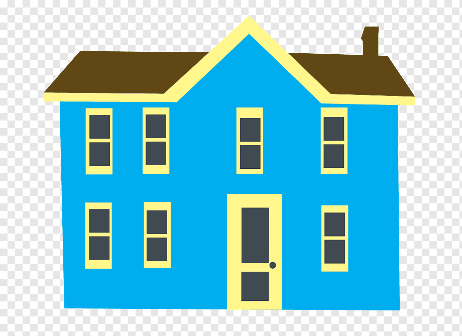 Blue two-story house with brown roof, yellow trim, eight windows, and a front door with a doorknob.