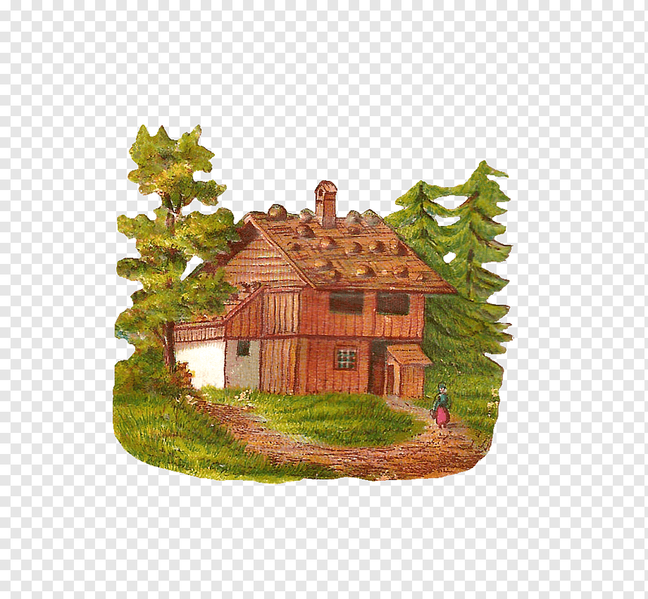 Rustic wooden cabin with thatched roof, surrounded by pine trees and a walking figure on a dirt path.