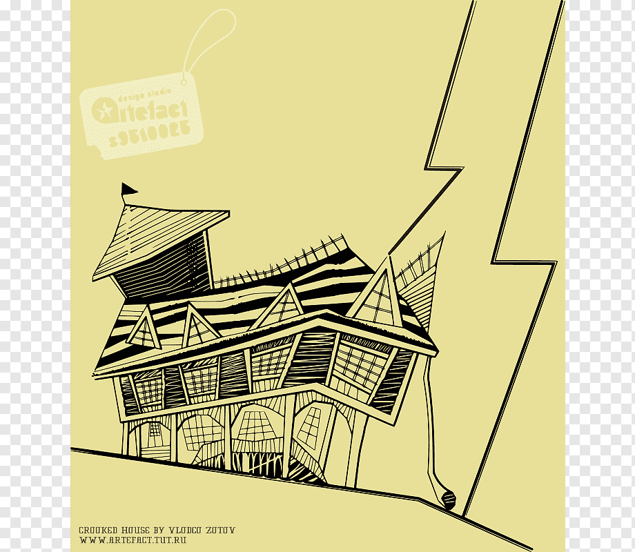 Stylized line-art illustration of a crooked, multi-tiered house with striped patterns and a lightning bolt beside it.