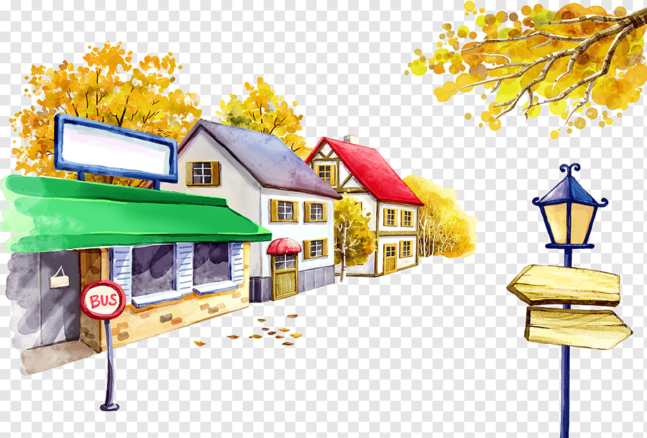 Watercolor illustration of a cozy autumn street with houses, a bus stop, and golden trees.