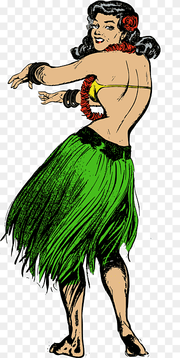 Vintage-style illustration of a smiling woman in a green hula skirt, yellow top, and red lei dancing barefoot.