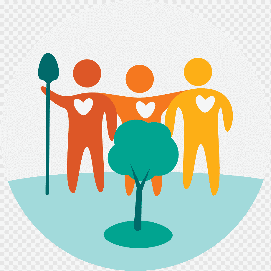Three stylized people with hearts planting a tree together, symbolizing community environmental action.