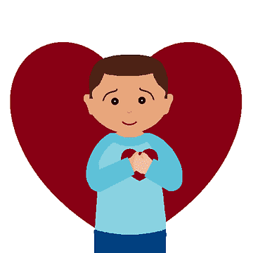 Child holding heart shape with hands in front of large red heart background