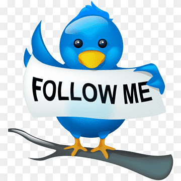 Blue cartoon bird holding "FOLLOW ME" banner, perched on branch.