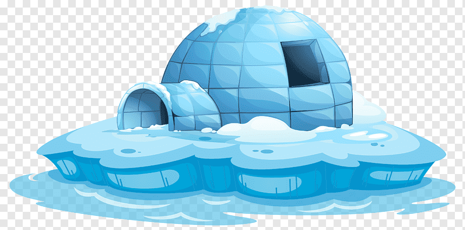 Cartoon-style blue igloo on floating ice floe with arched entrance and snow details.