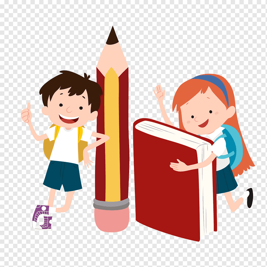 Happy cartoon boy and girl with giant pencil and book, celebrating learning and education.
