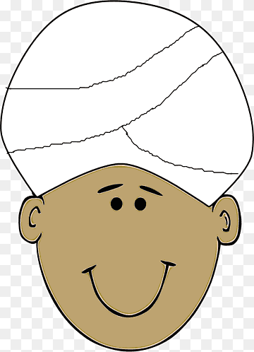 Smiling cartoon boy wearing a white turban, simple line art on transparent background.