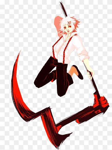 Anime-style character with white hair and red eyes leaping while wielding a large red scythe-like weapon.