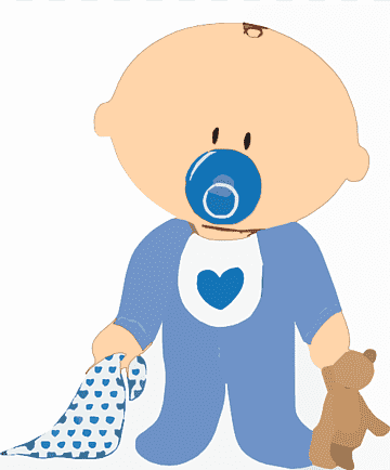 Baby in blue onesie with pacifier, holding heart-patterned blanket and teddy bear.