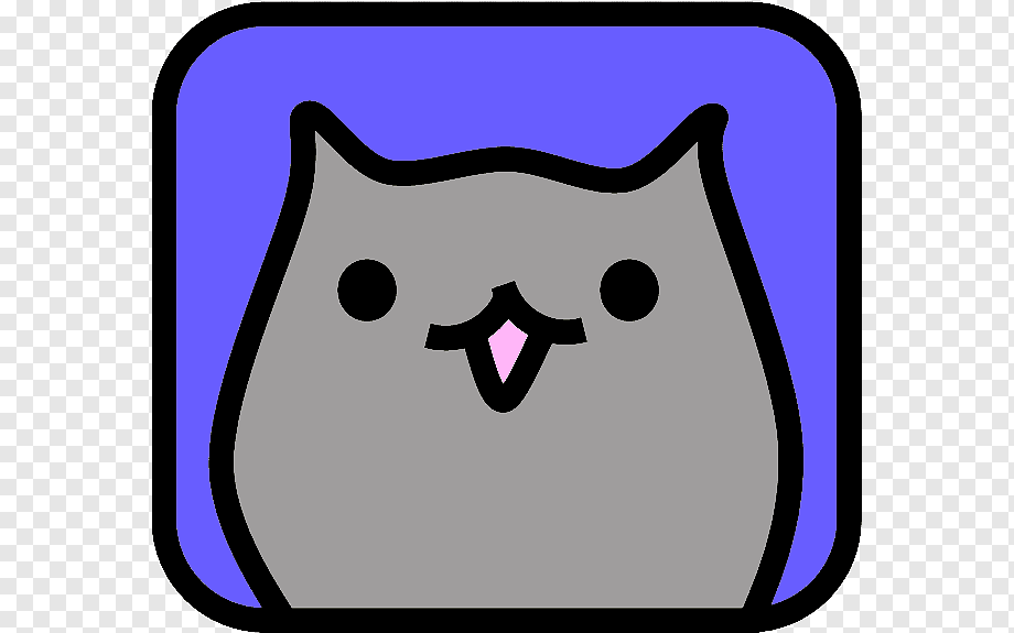 Gray cartoon cat with pink tongue sticking out, inside a purple rounded square frame.