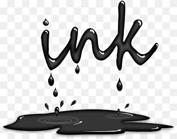 The word "ink" rendered in glossy black liquid, dripping into a pooled puddle below on a transparent background.