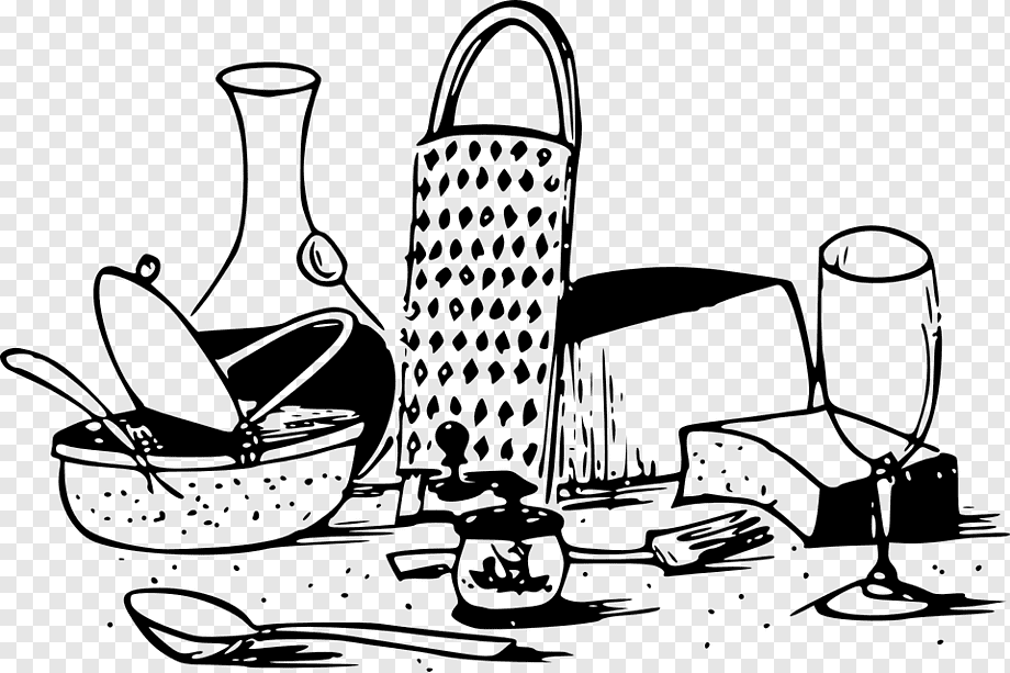 Black-and-white line drawing of kitchen items including a grater, cheese, wine glass, bowl with spoon, jar, and carafe.