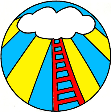 A red ladder ascends through yellow and blue sun rays toward a white cloud inside a circular frame.