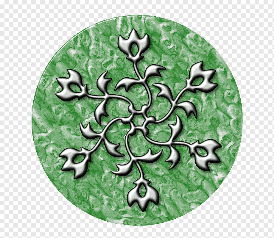 Silver ornate snowflake emblem on green marbled circular background.