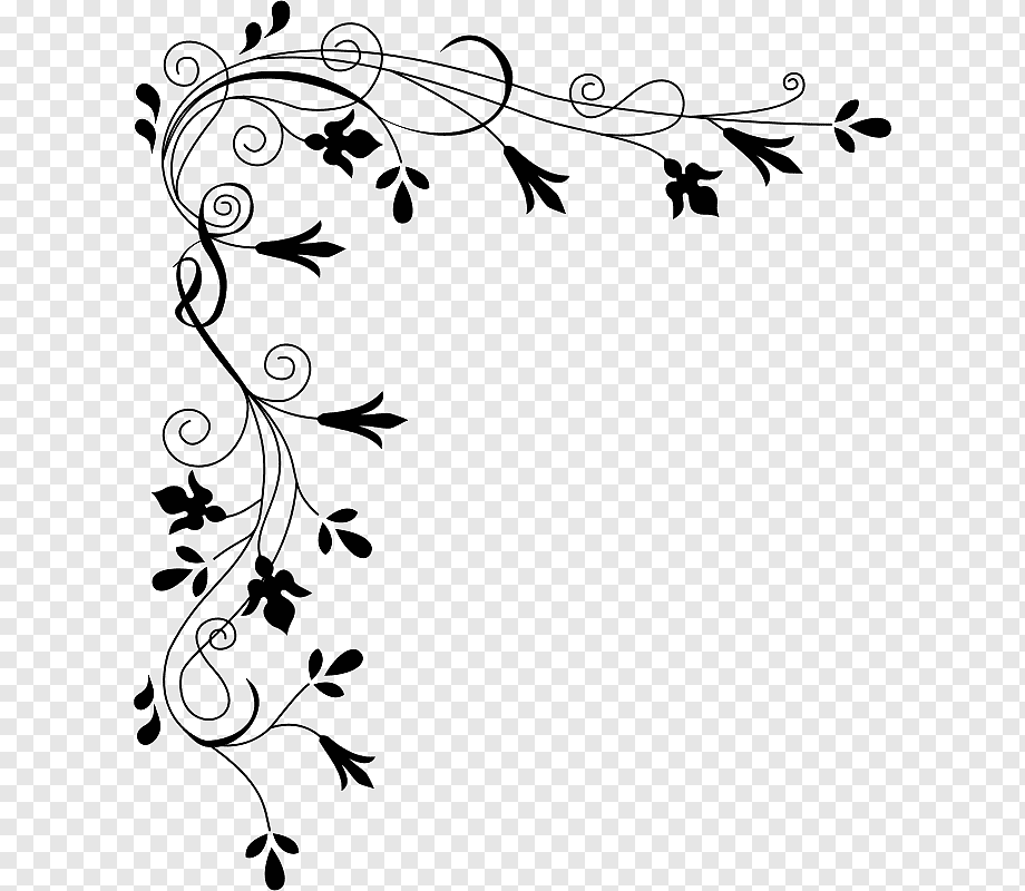 Elegant black-and-white floral vine corner decoration with swirls and stylized leaves on transparent background.