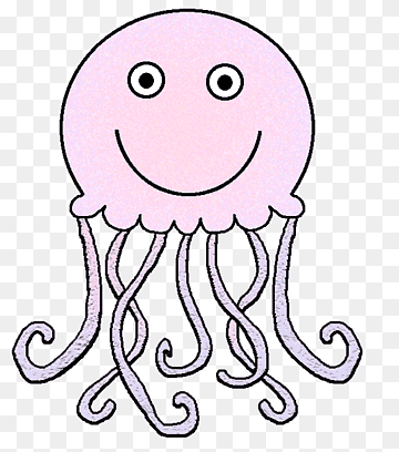 Smiling pink cartoon jellyfish with curly tentacles on transparent background.
