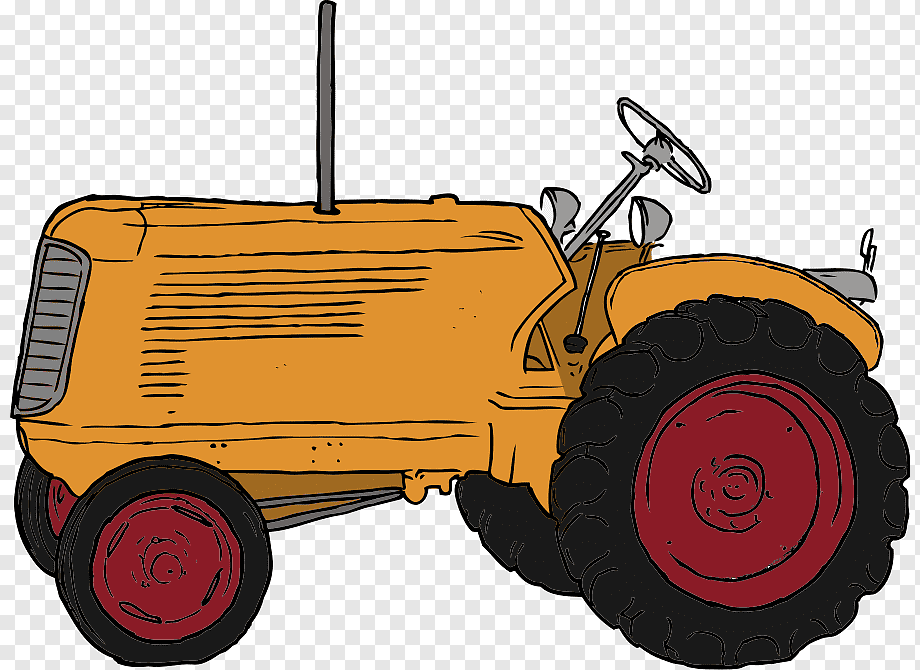 Vintage yellow tractor with red wheels and black tires, hand-drawn illustration on transparent background.