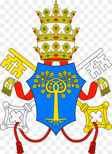 Papal coat of arms featuring crossed keys, tiara, and oak tree on blue shield with red cords and gold embellishments.
