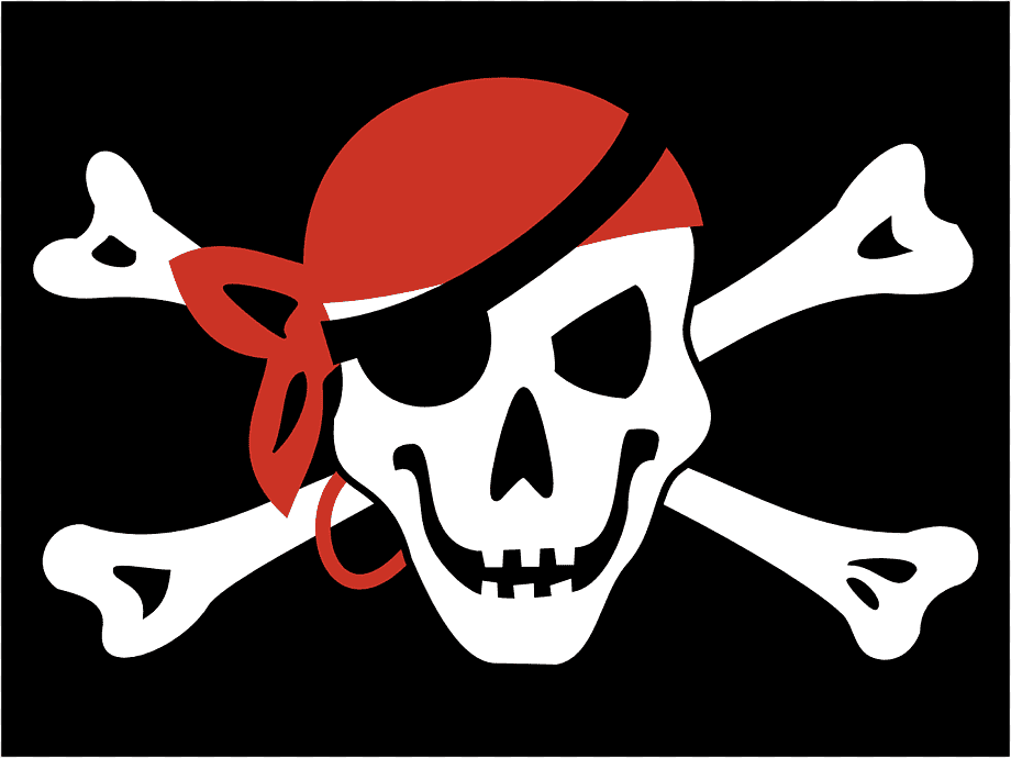 Pirate skull with red bandana, eye patch, and crossed bones on black background.