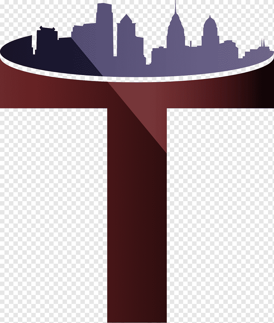 A stylized maroon cross with a city skyline silhouette in purple and navy on its horizontal arm, symbolizing urban faith or church outreach.