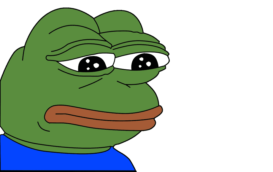 Sad green frog meme character with droopy eyes and blue shirt, known as Pepe the Frog.