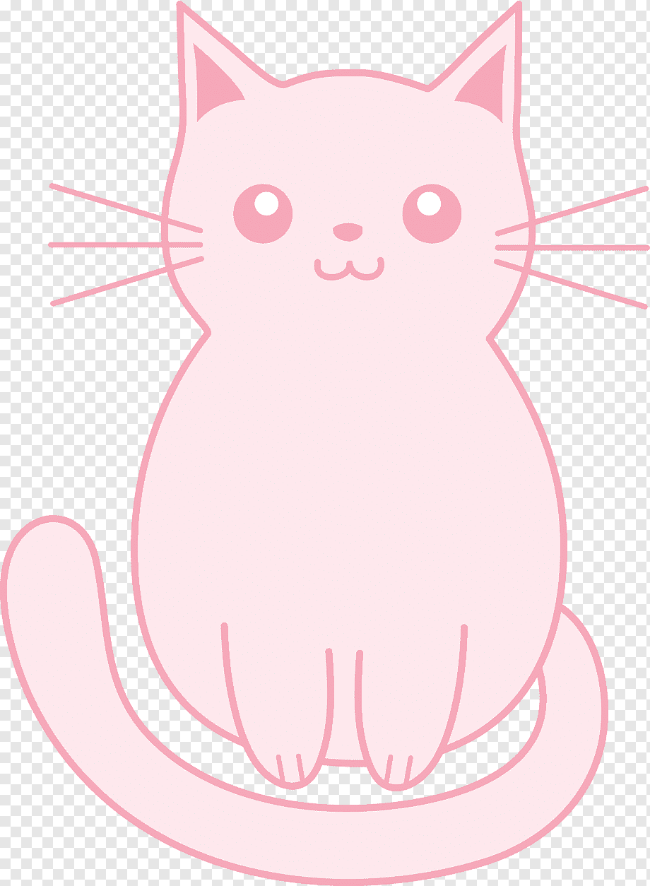 Cute pink cartoon cat sitting with a smiling face and whiskers, transparent background.