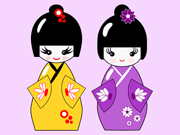 Two stylized Japanese kokeshi dolls-one in yellow kimono with red floral accents, the other in purple with white flowers-against a lavender background.