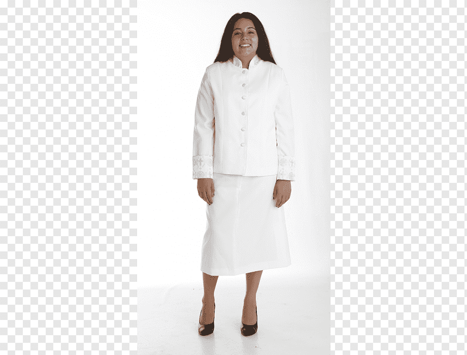 Woman in elegant white tailored suit with embroidered cuffs, smiling against white background.