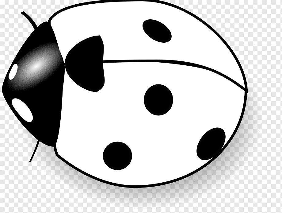 Black-and-white cartoon ladybug with glossy head, six spots, and antennae on transparent background.