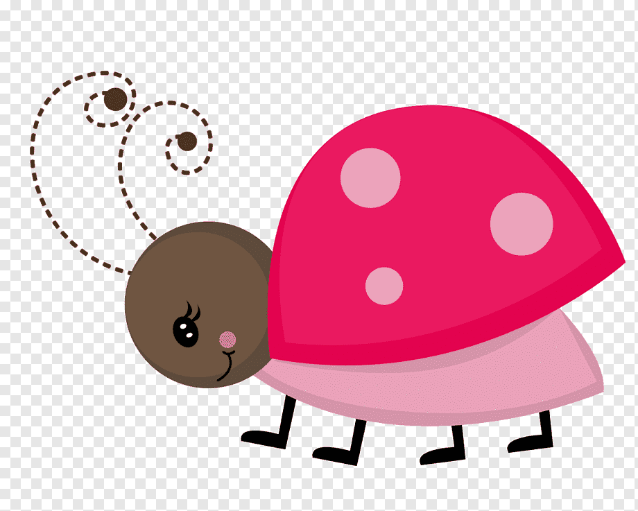 Cute cartoon ladybug with pink shell, brown head, smiling face, and dotted antennae on transparent background.