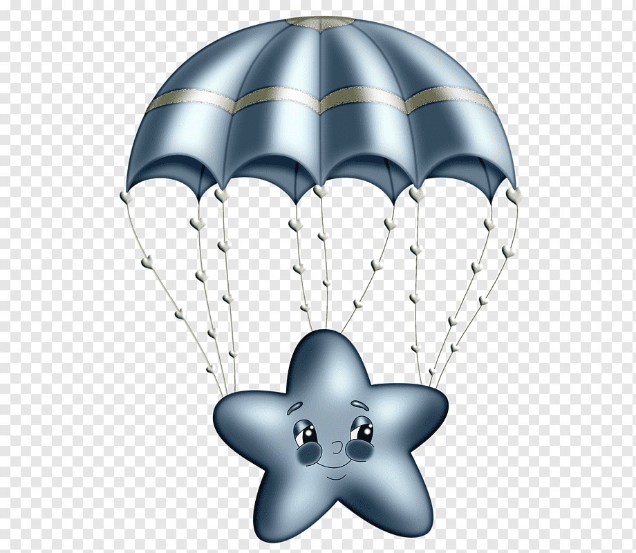 A cheerful blue star character with a smiling face descending under a shiny silver parachute with heart-shaped connectors.