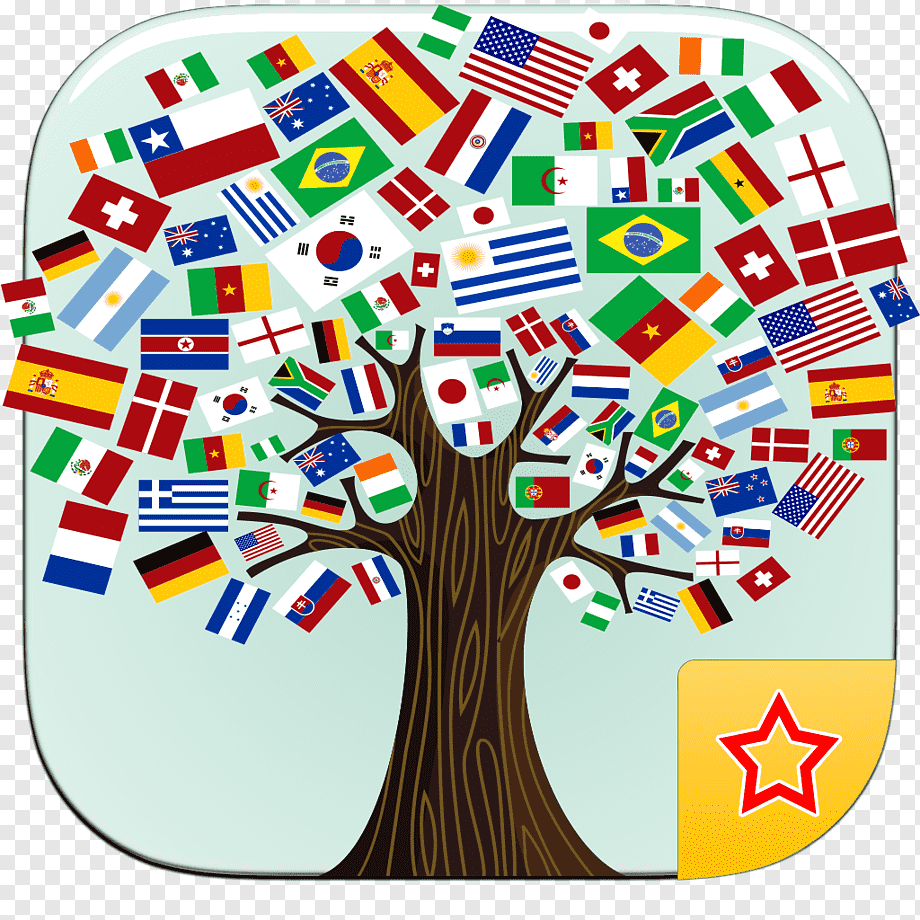 A stylized tree with branches adorned by numerous national flags from around the world, symbolizing global unity and cultural diversity.