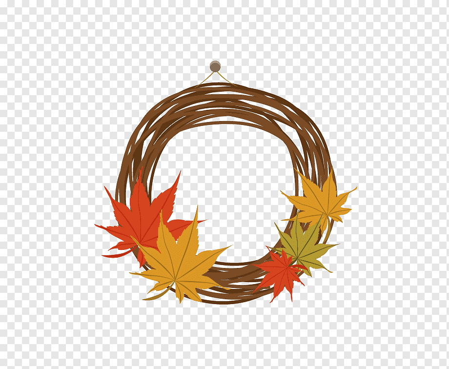 Autumn wreath made of woven twigs adorned with red, orange, yellow, and green maple leaves, hanging from a hook.