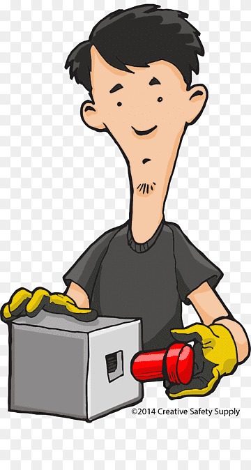 Cartoon worker in gloves handling a safety box and red emergency device.