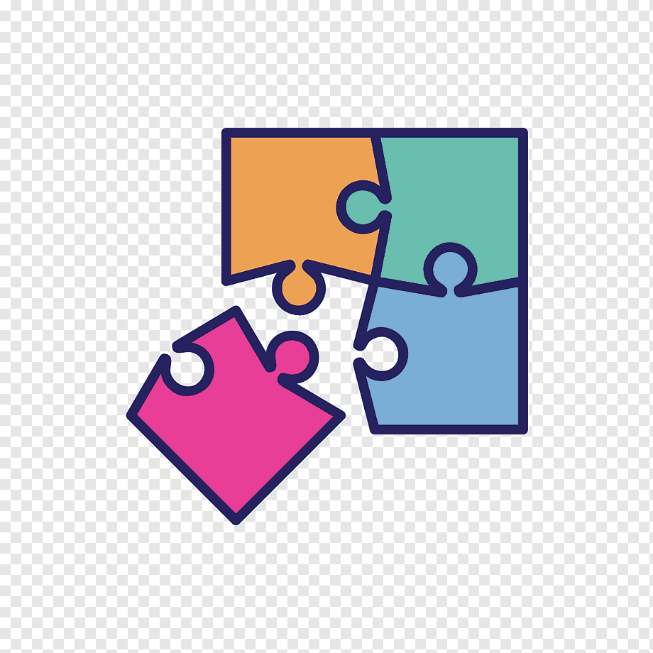 Four colorful puzzle pieces-orange, teal, blue, and pink-partially assembled with one piece detached, symbolizing problem-solving or teamwork.