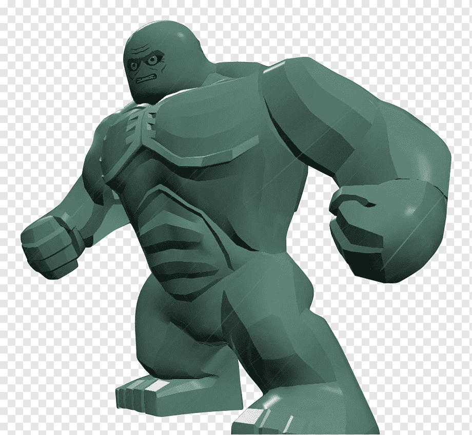 LEGO-style green Hulk minifigure in aggressive stance with clenched fists and angry expression.