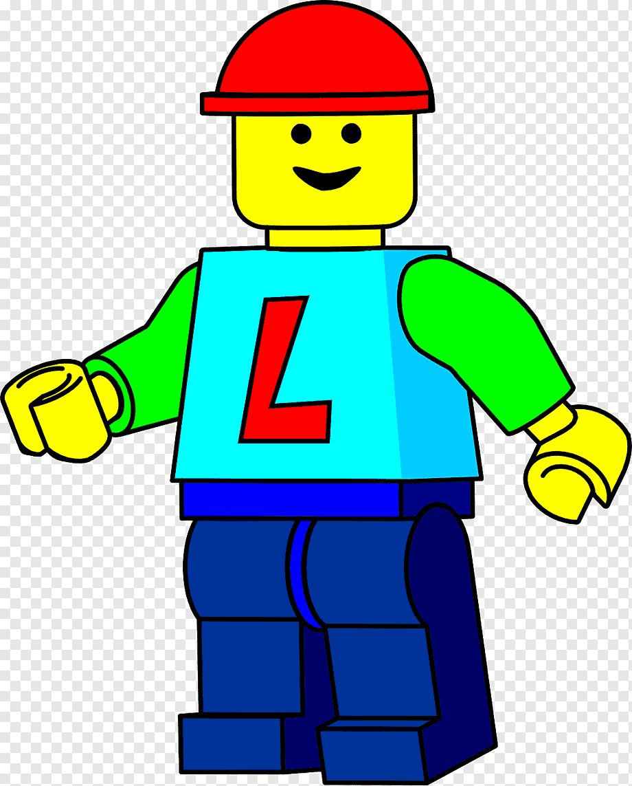 Lego-style minifigure wearing red cap, blue vest with red 'L', green sleeves, and blue pants, smiling with arms outstretched.