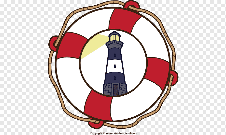 Red-and-white lifebuoy with rope border enclosing a blue-and-white lighthouse illustration.