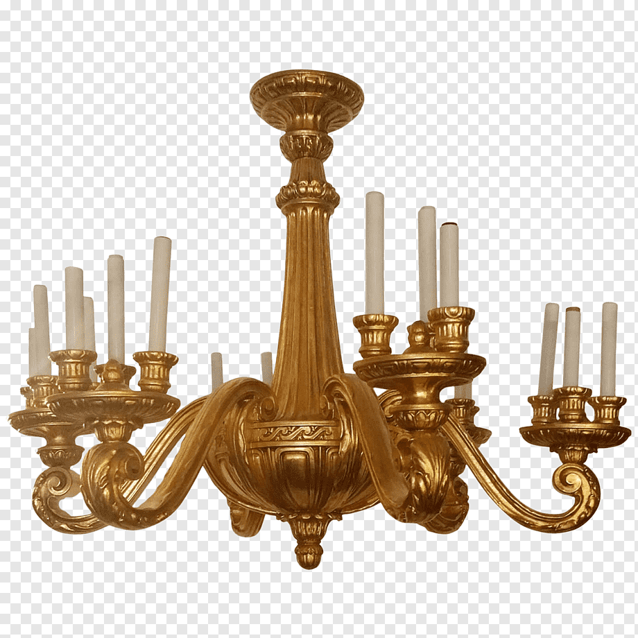 Ornate gold chandelier with 12 candle-style arms, classical scrollwork, and fluted central column on transparent background.