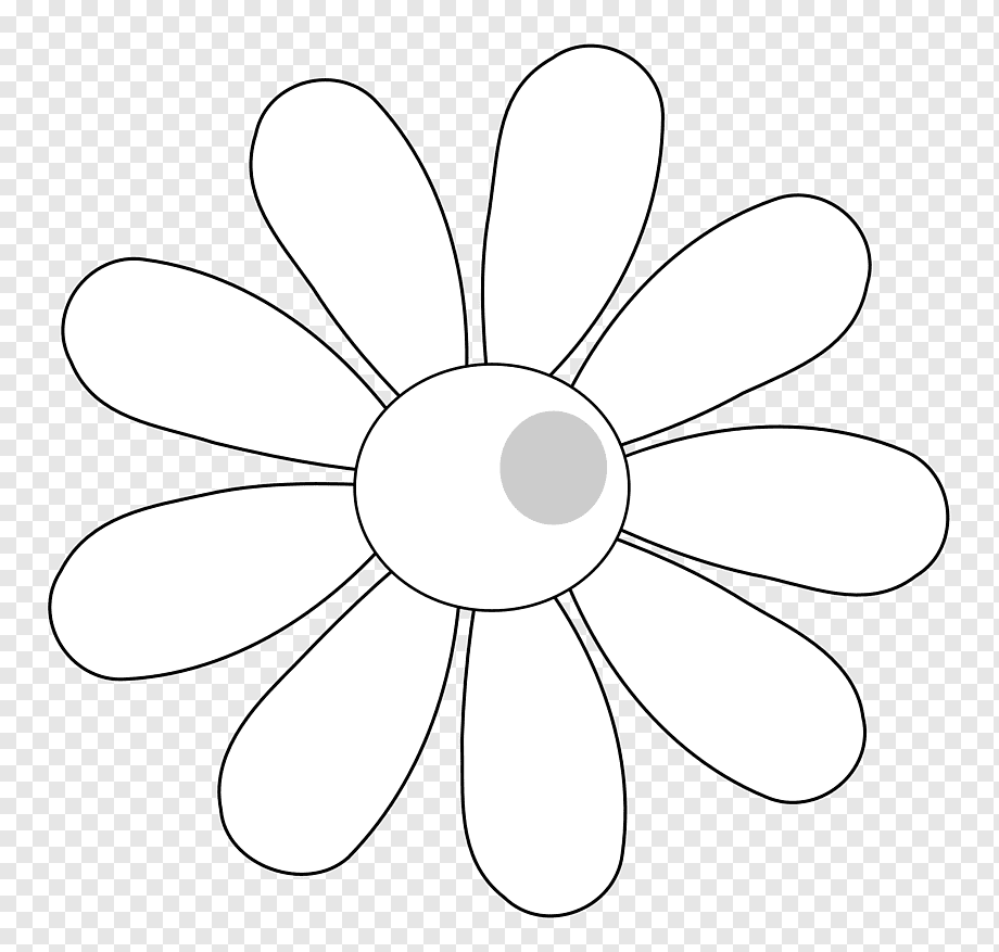 Simple black-and-white line drawing of a daisy with eight petals and a gray center on transparent background.