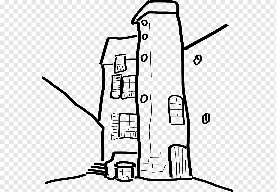 Hand-drawn sketch of a crooked, multi-story house with uneven windows and a leaning structure.