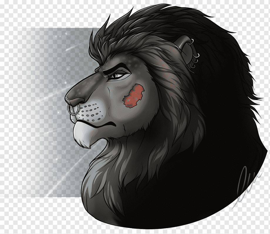 A stylized black lion with a scarred face, nose ring, ear piercings, and intense gaze in grayscale with red accent.