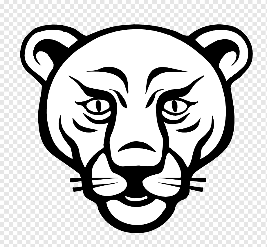 Black-and-white stylized illustration of a fierce panther head with intense eyes and sharp features.