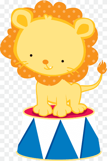 Cute cartoon lion sitting on a circus pedestal with polka-dot mane and cheerful expression.