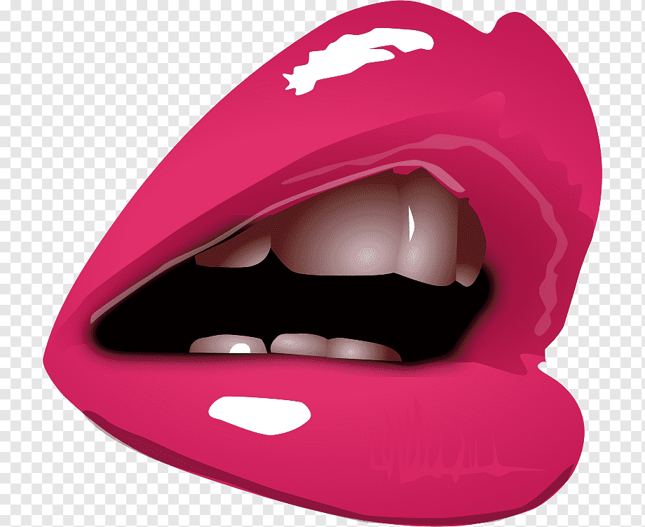 Vibrant pink glossy lips parted to reveal teeth and tongue, stylized cartoon illustration on transparent background.