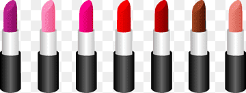 Seven lipsticks in a row showing purple, light pink, fuchsia, red, crimson, brown, and coral shades on transparent background.