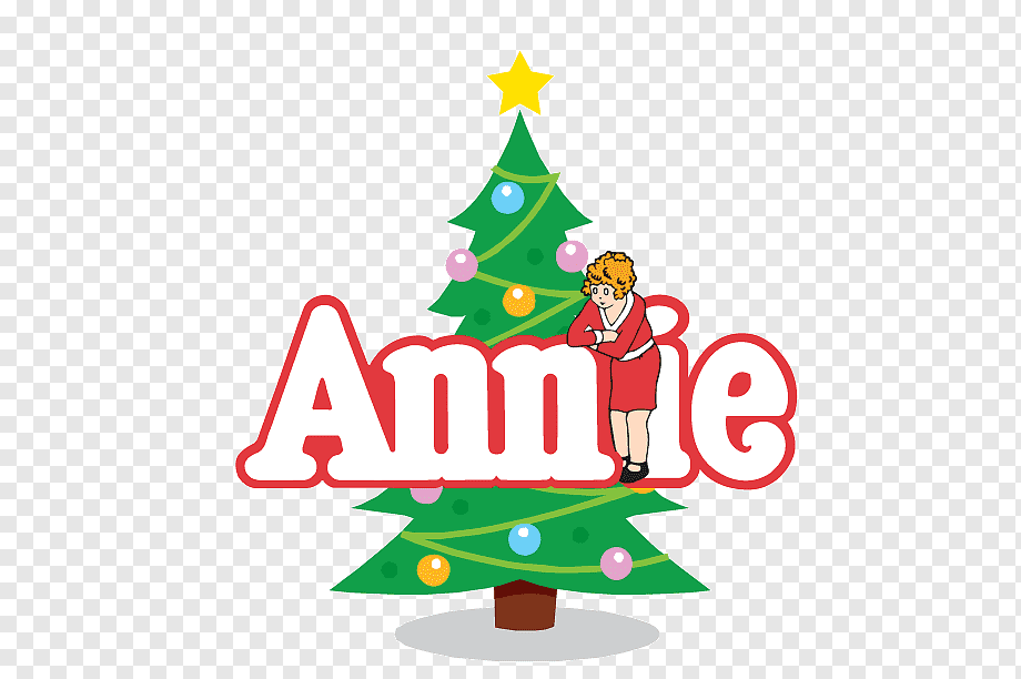 A festive Christmas tree decorated with ornaments and a star, overlaid with the name "Annie" in bold red-and-white letters, and a cartoon woman peeking from behind.